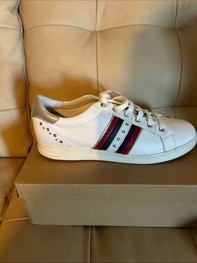 Geox White Leather Sneaker with Red and Navy Stripes